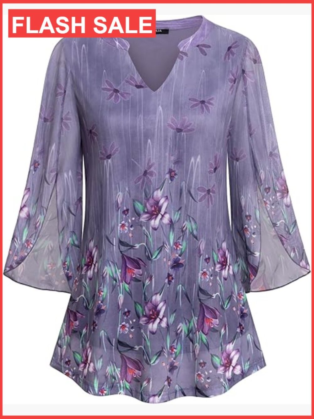 3/4 Sleeve Floral Tunic Top V-Neck Double Layers Loose Fit Mesh Blouse